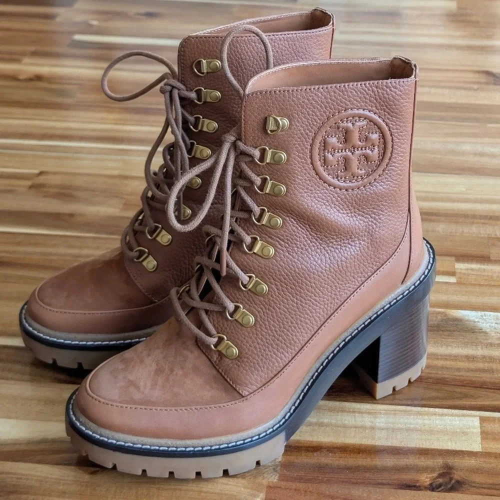 Tory Burch Miller Lug Sole Ankle Boots Brown Pebbled Leather Tan‎ Size 7.5